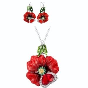 Floral Enamel Pendant Necklace set Red Zircon Silver Chain Dangle Earrings